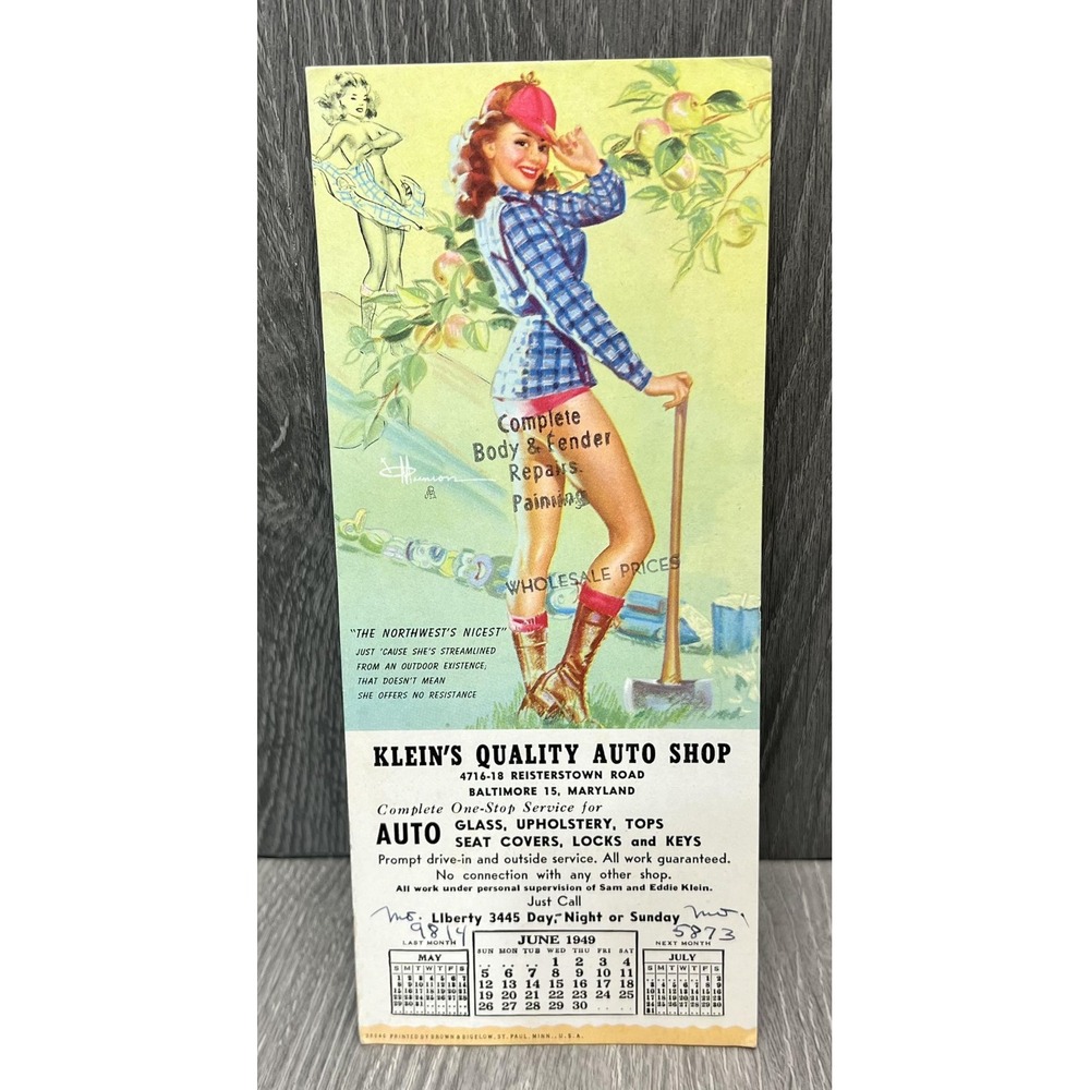 Vintage 1949 Brown & Bigelow Pin Up Ad Card Klein's Auto Shop Baltimore MD